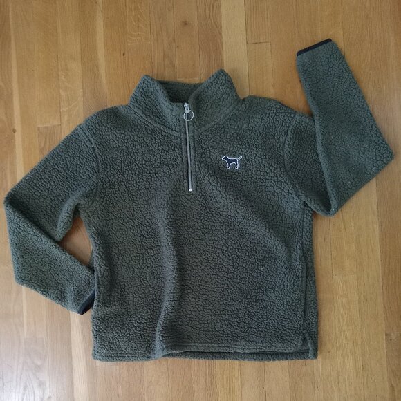 PINK Victoria's Secret Army / Olive Green Cuddly Sherpa 1/4-Zip Top - Picture 3 of 5